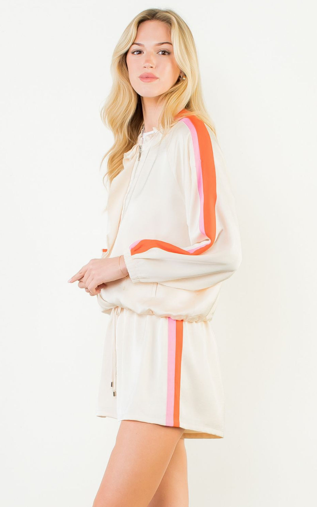 Satin Stripe Zip Up Track Set | Cream