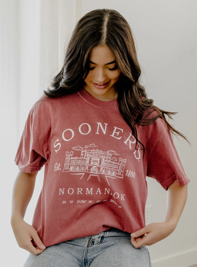 Crimson OU Stadium Coordinates Tee