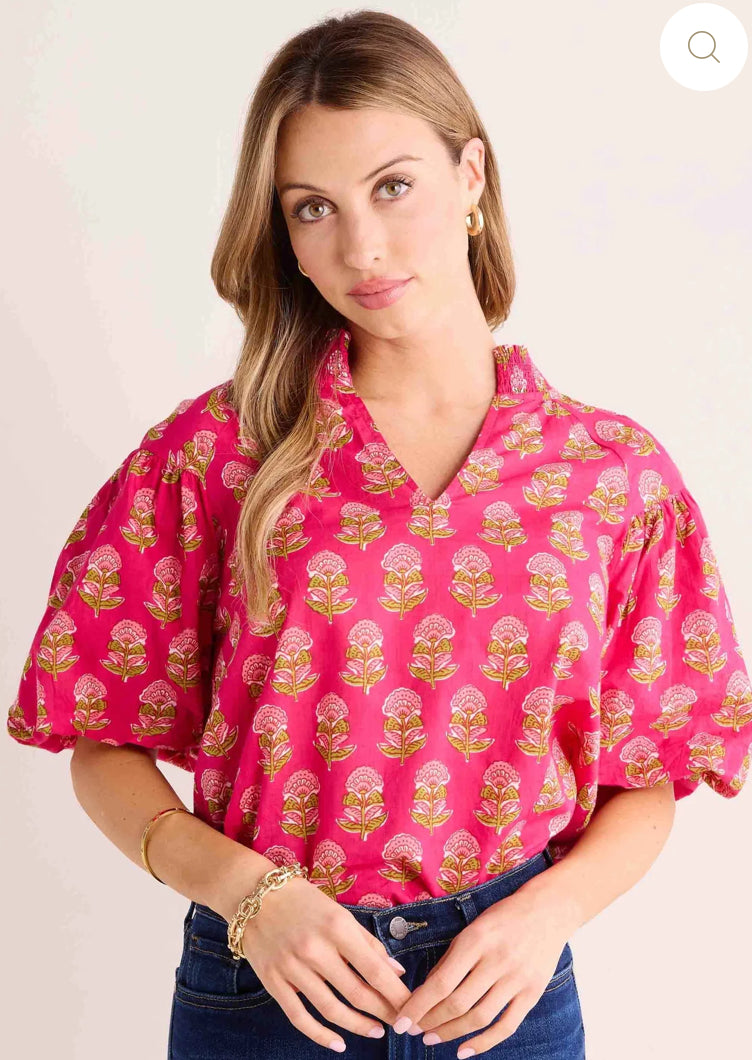 Raspberry Block Print Puff Sleeve  Top