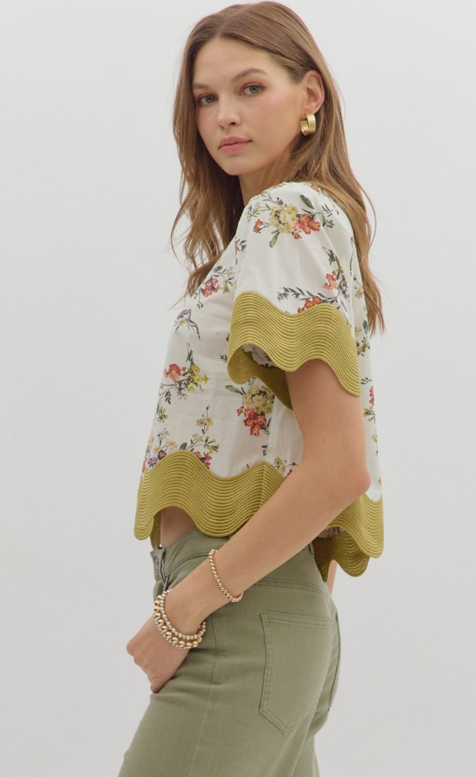 Floral Print Short Sleeve Trim Top : ENTRO