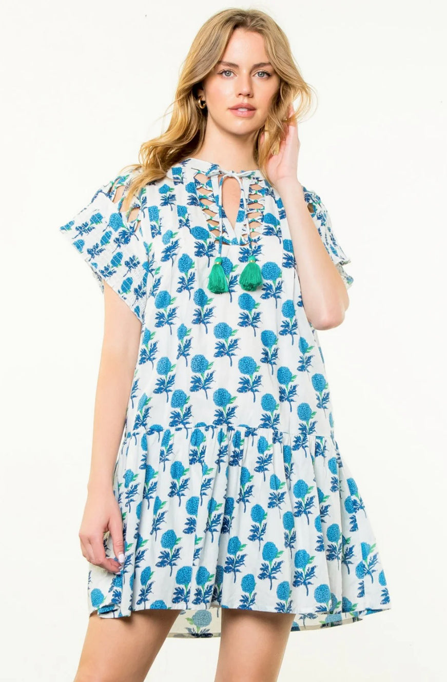 Ruffle Sleeve Blue Block Print Floral Dress
