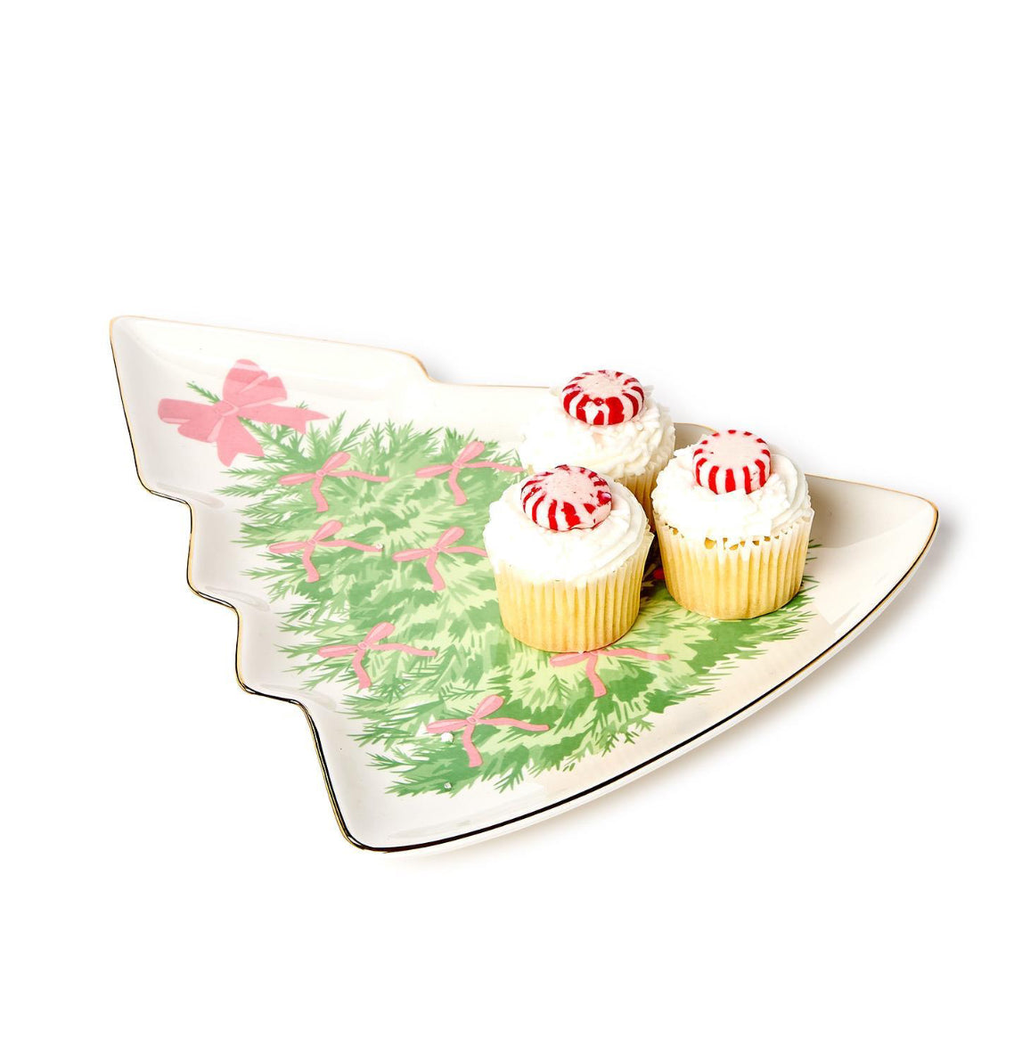 Bow-tiful Trees Christmas Tree Shape Plate with Gold Metallic Rim