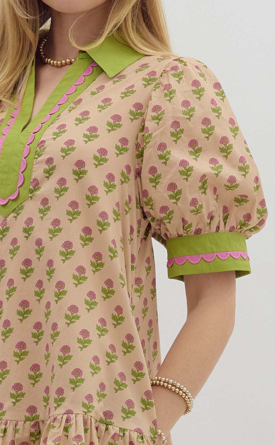 Scallop Contrast Green Trim Puff Sleeve Dress : ENTRO