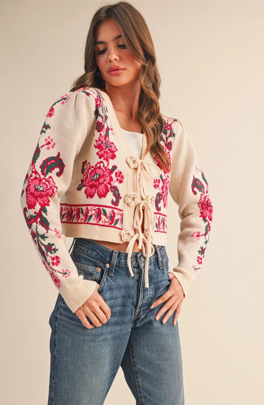 Ivory Red Floral Tie Front Sweater