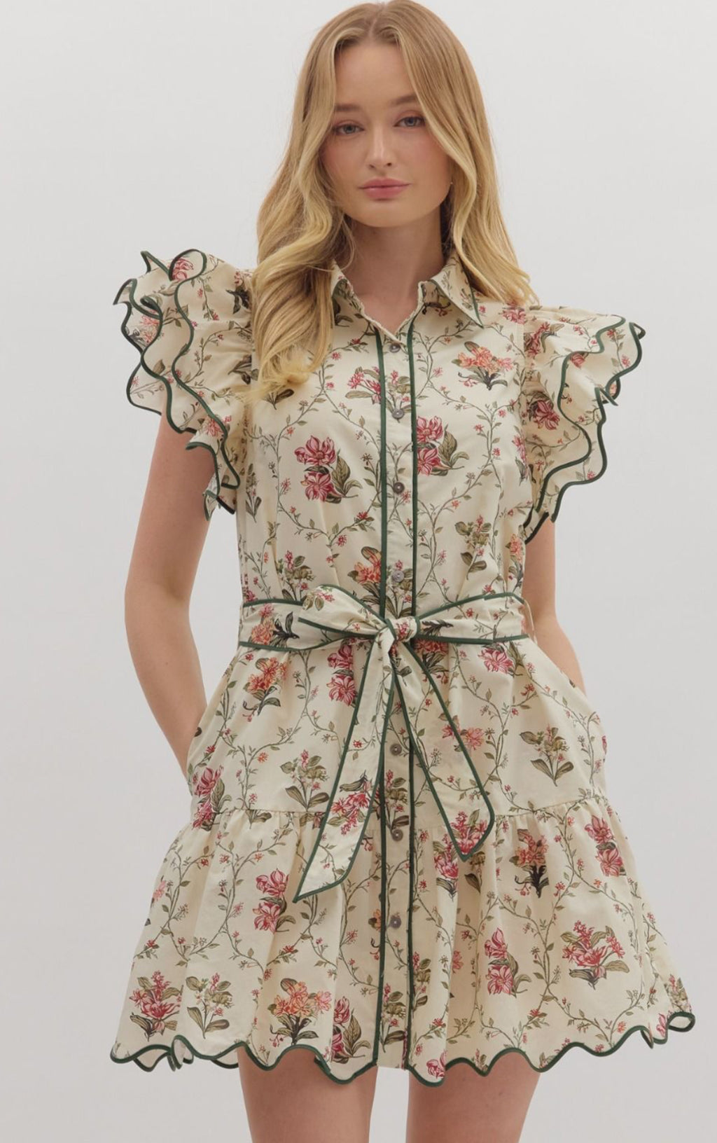 Floral Print Tiered Flutter Sleeve Dress