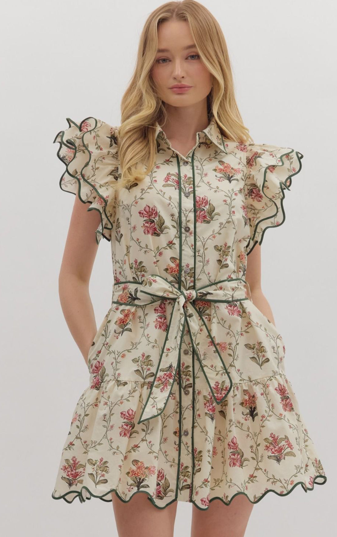 Floral Print Tiered Flutter Sleeve Dress