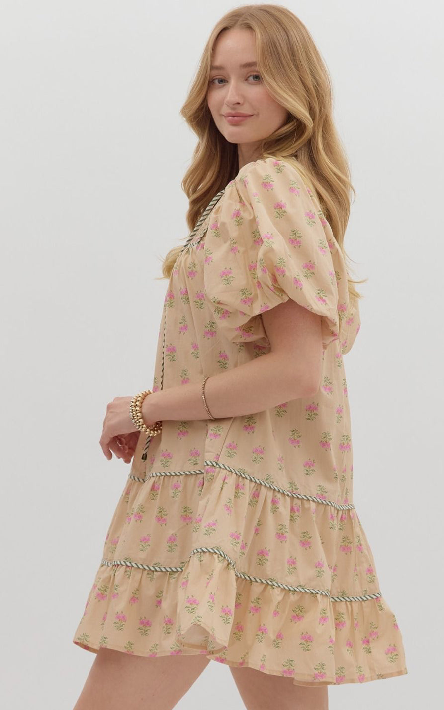 Ecru Block Print Puff Sleeve Dress : ENTRO
