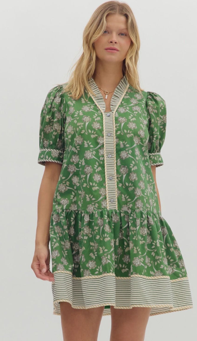 Green Floral Ruffle Hem Puff Sleeve Dress : ENTRO