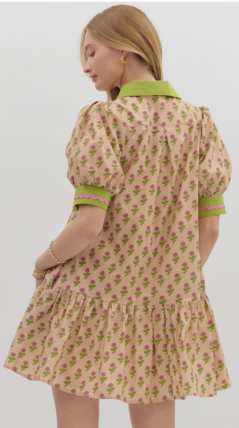 Scallop Contrast Green Trim Puff Sleeve Dress : ENTRO