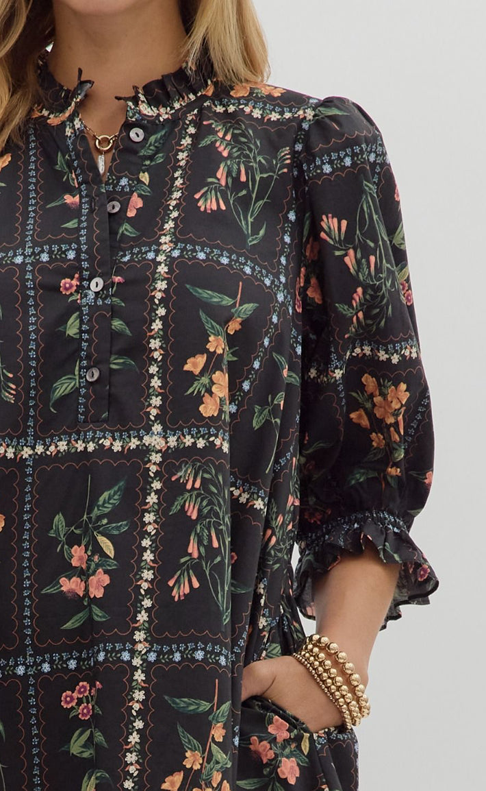 Black Floral Panel 3/4 Ruffle Puff Sleeve Dress : ENTRO