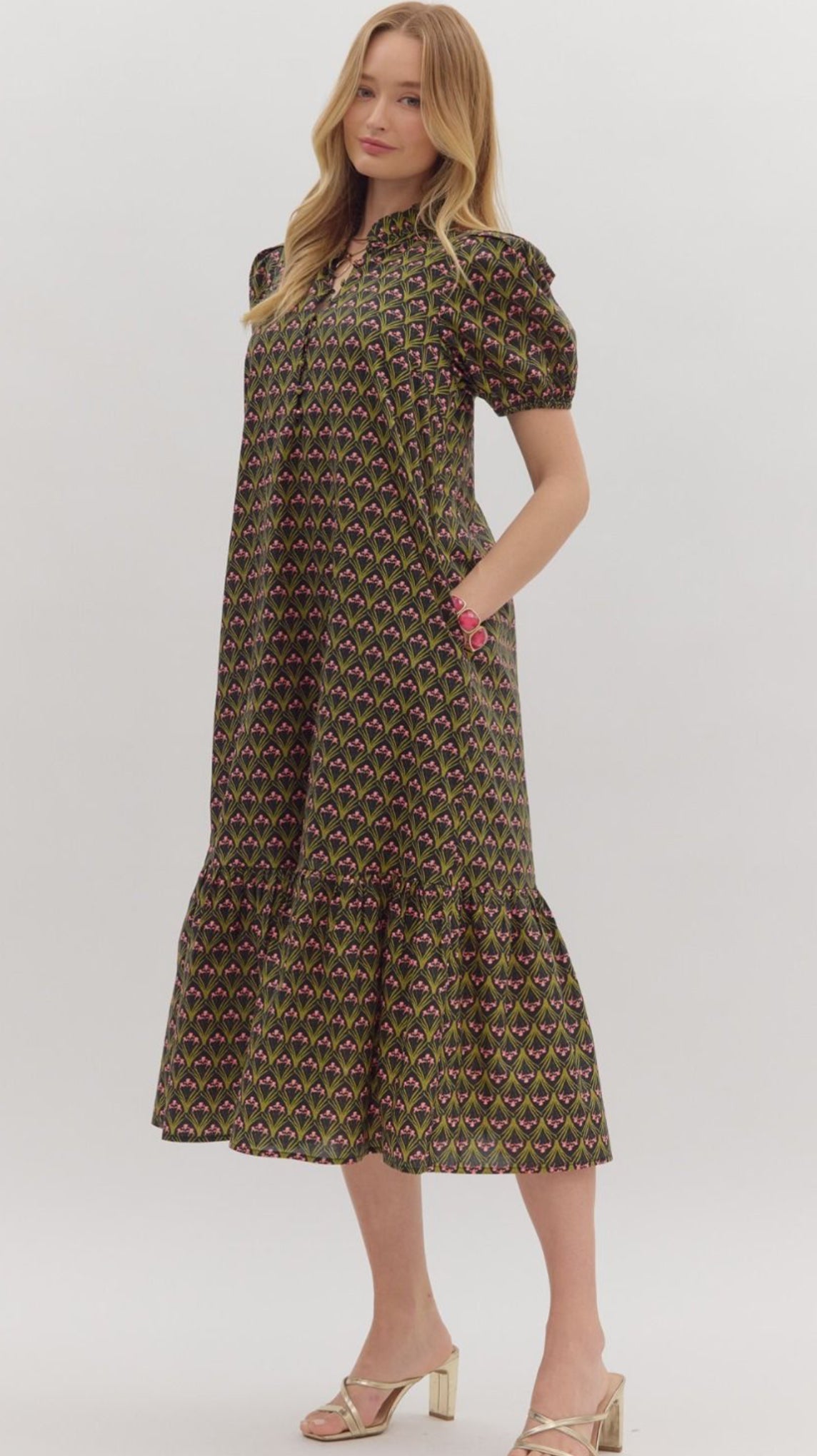 Black Floral Print Midi Puff Sleeve Dress