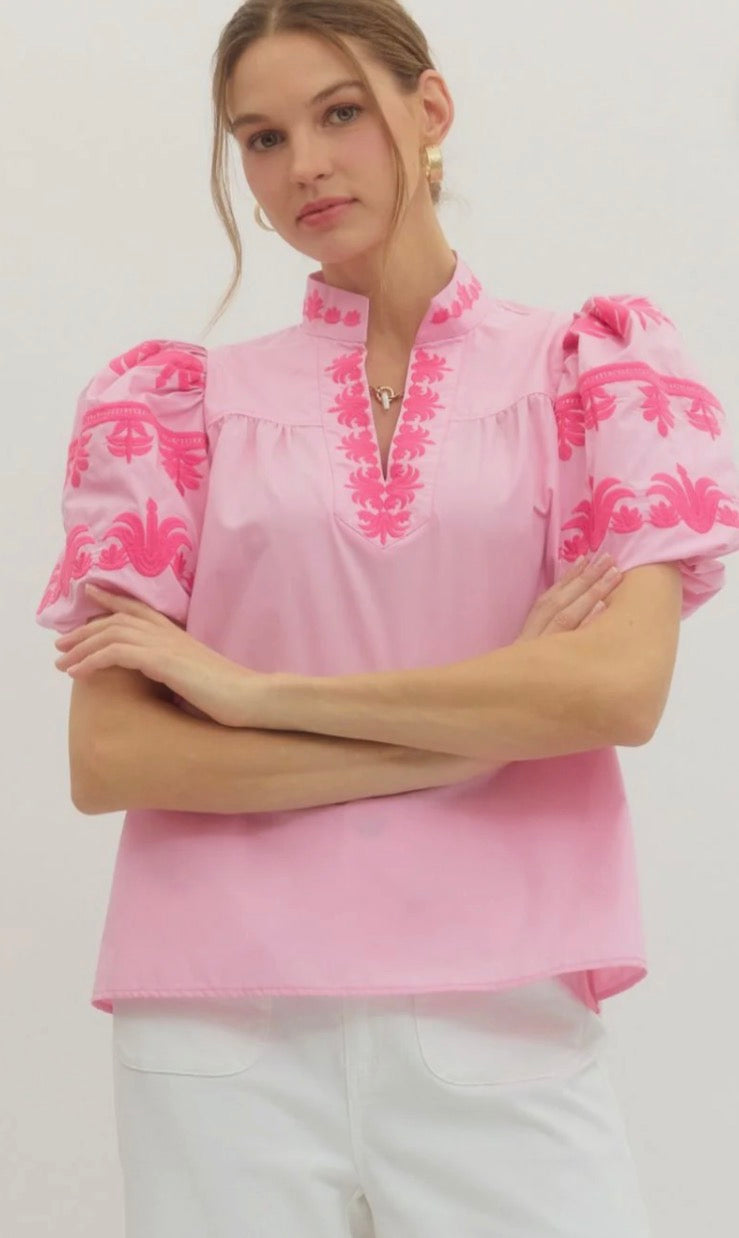 Pink Floral Puff Embroidered Sleeve Top