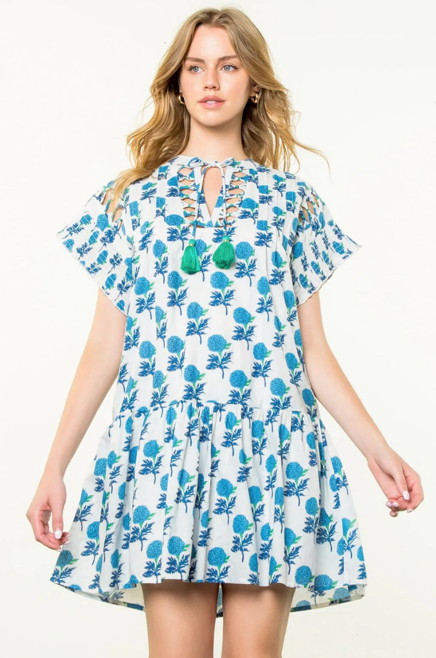 Ruffle Sleeve Blue Block Print Floral Dress