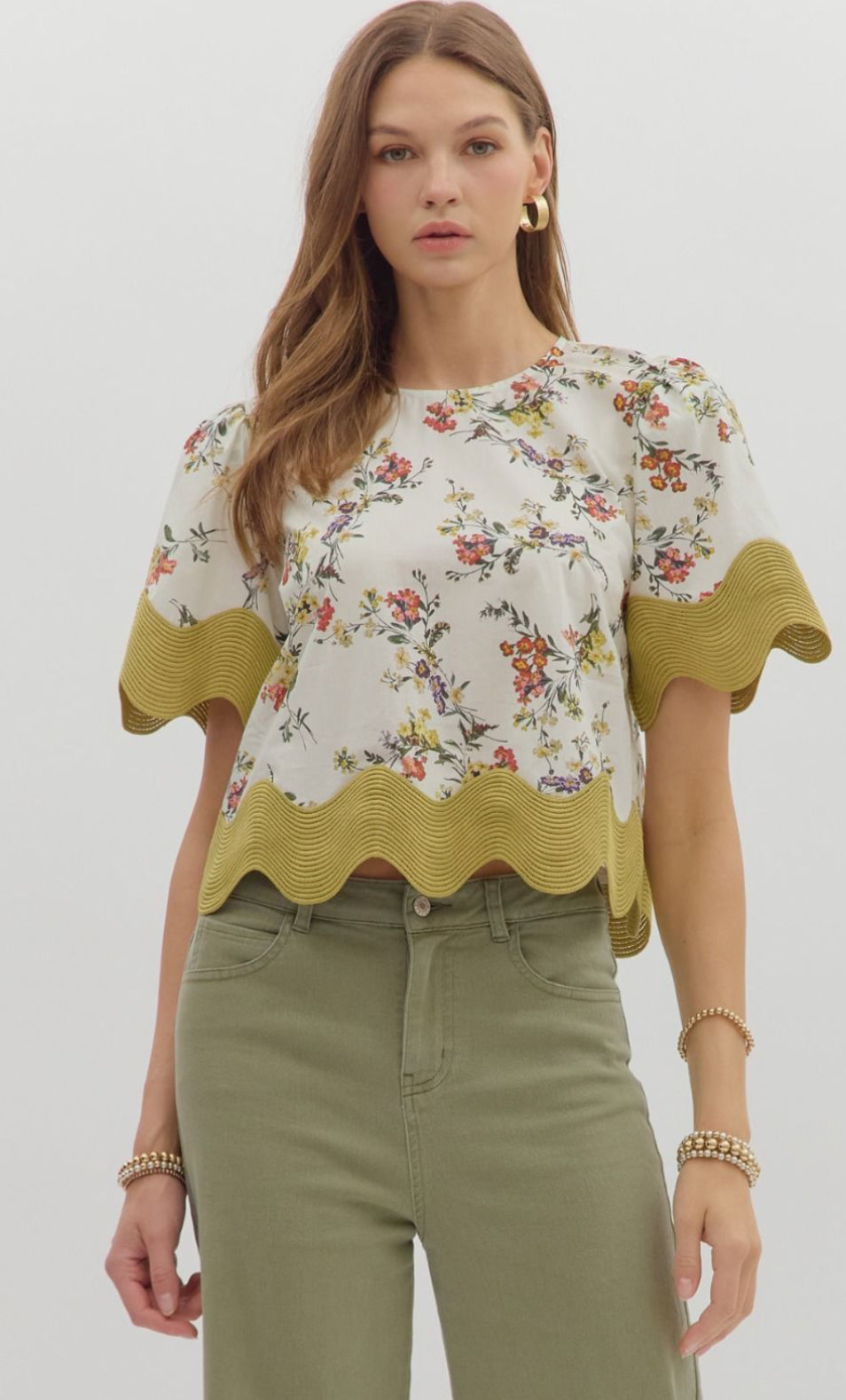 Floral Print Short Sleeve Trim Top : ENTRO