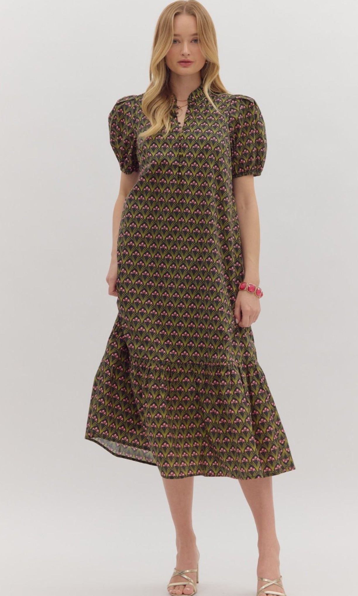 Black Floral Print Midi Puff Sleeve Dress