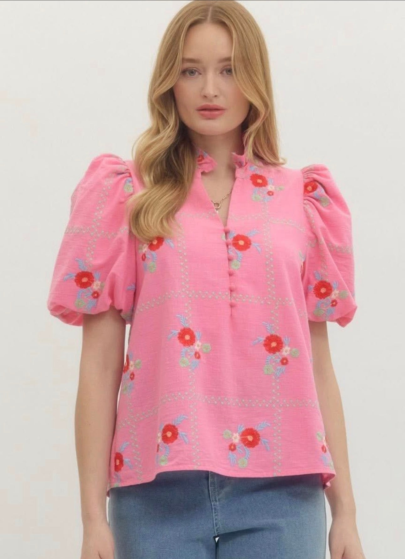 Pink Fiesta Embroidered Puff Sleeve Top