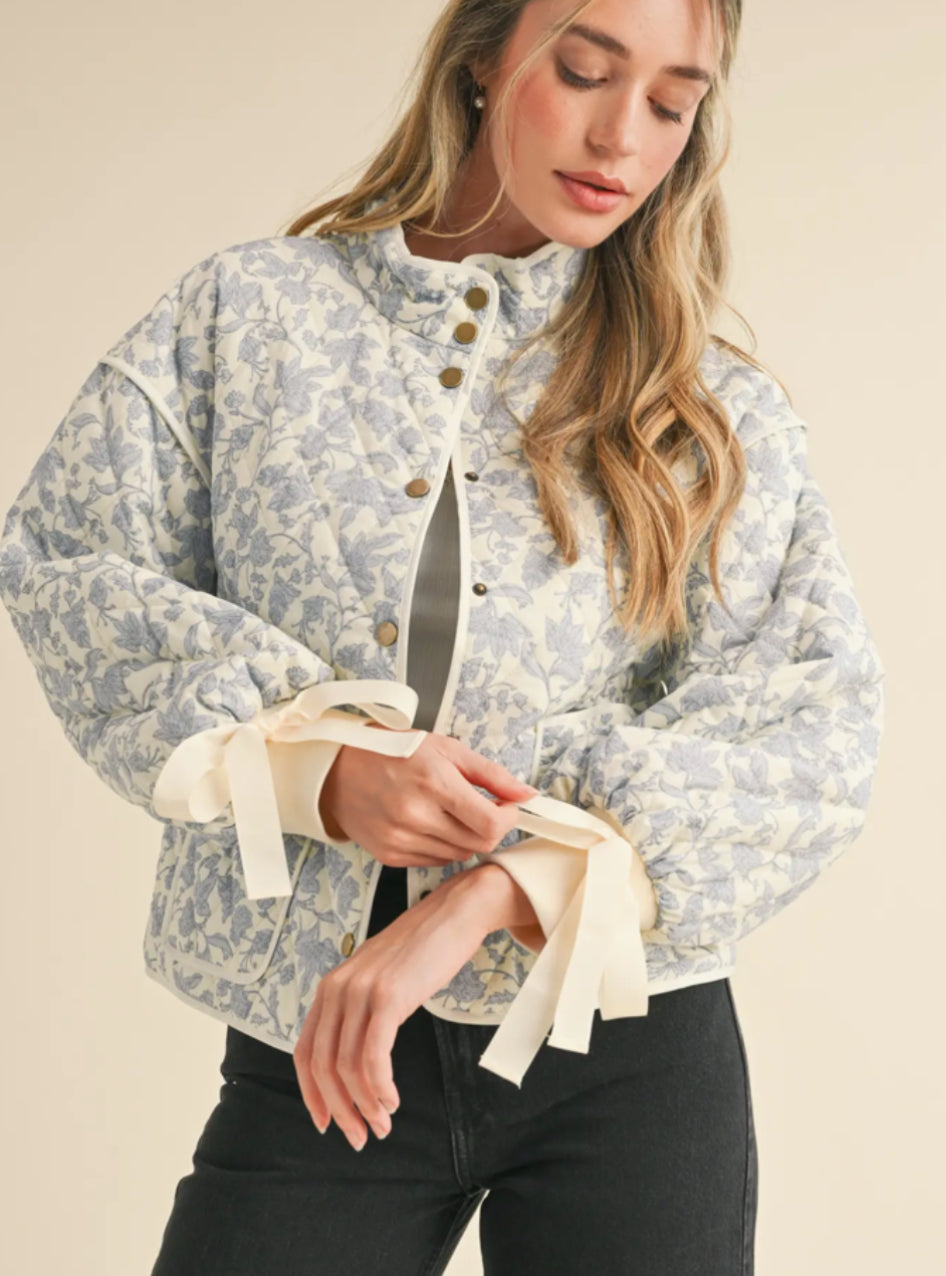 Ivory Blue Floral Quilted Jacket