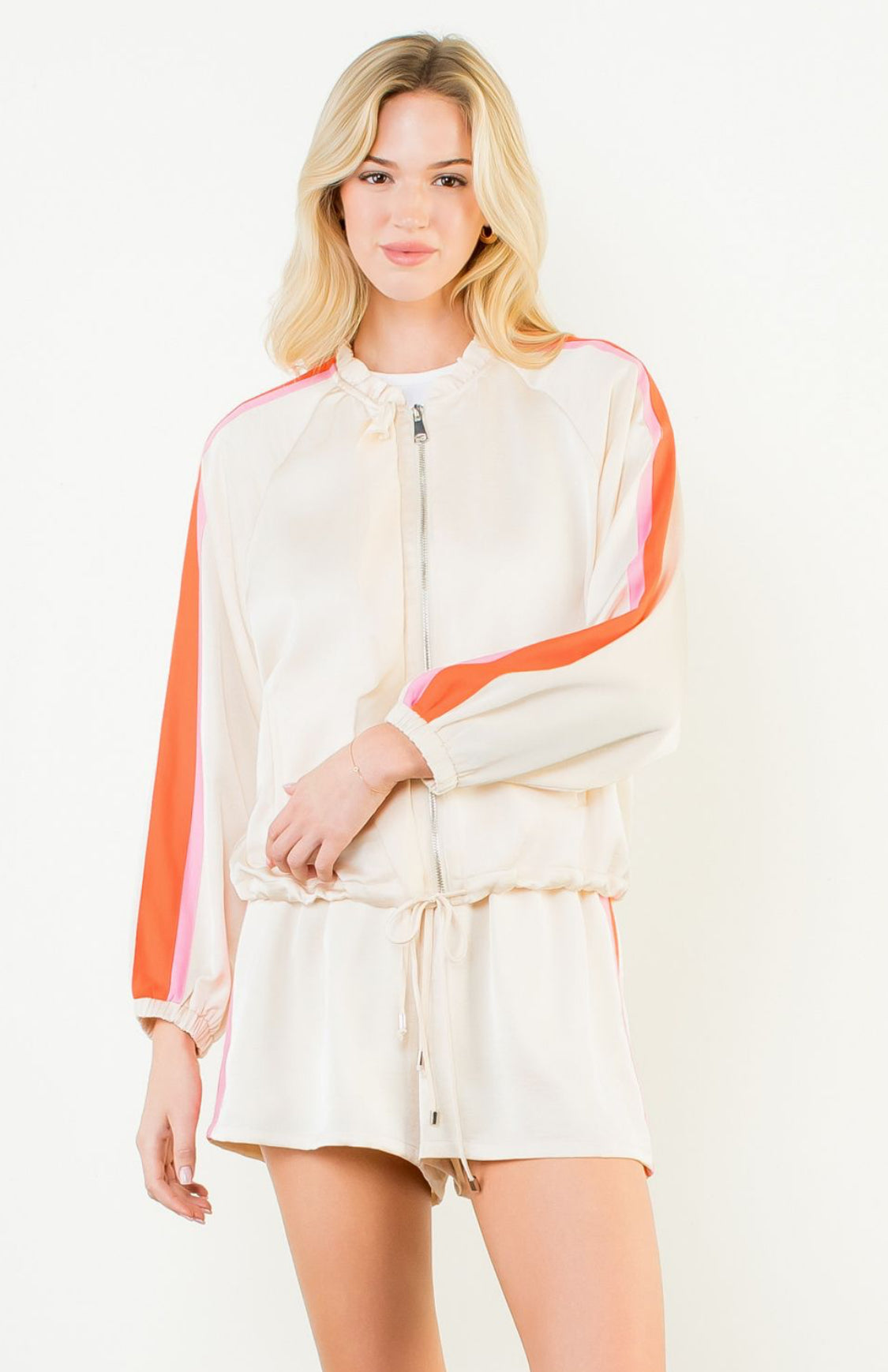 Satin Stripe Zip Up Track Set | Cream