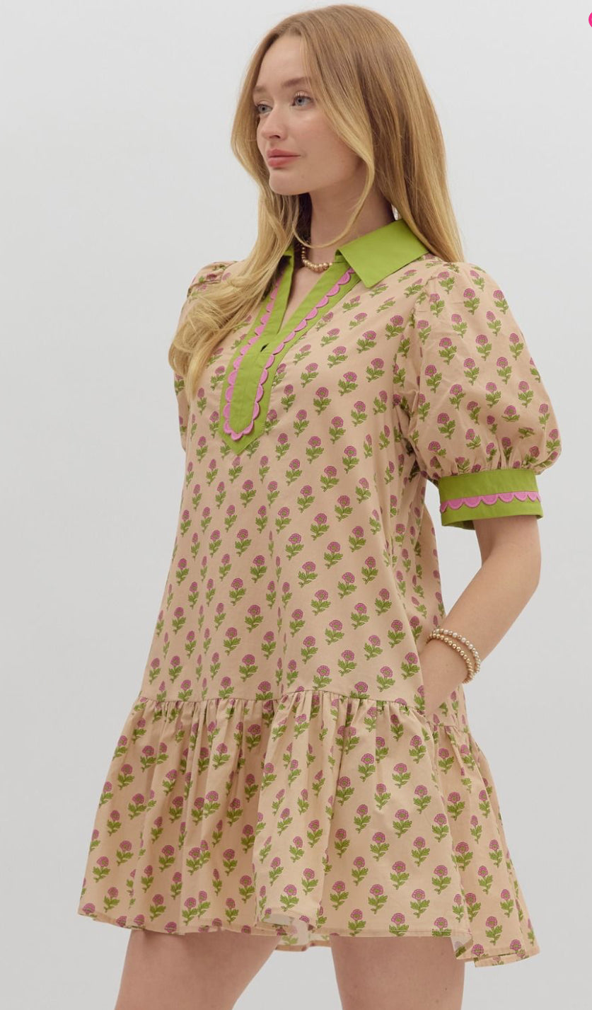 Scallop Contrast Green Trim Puff Sleeve Dress : ENTRO