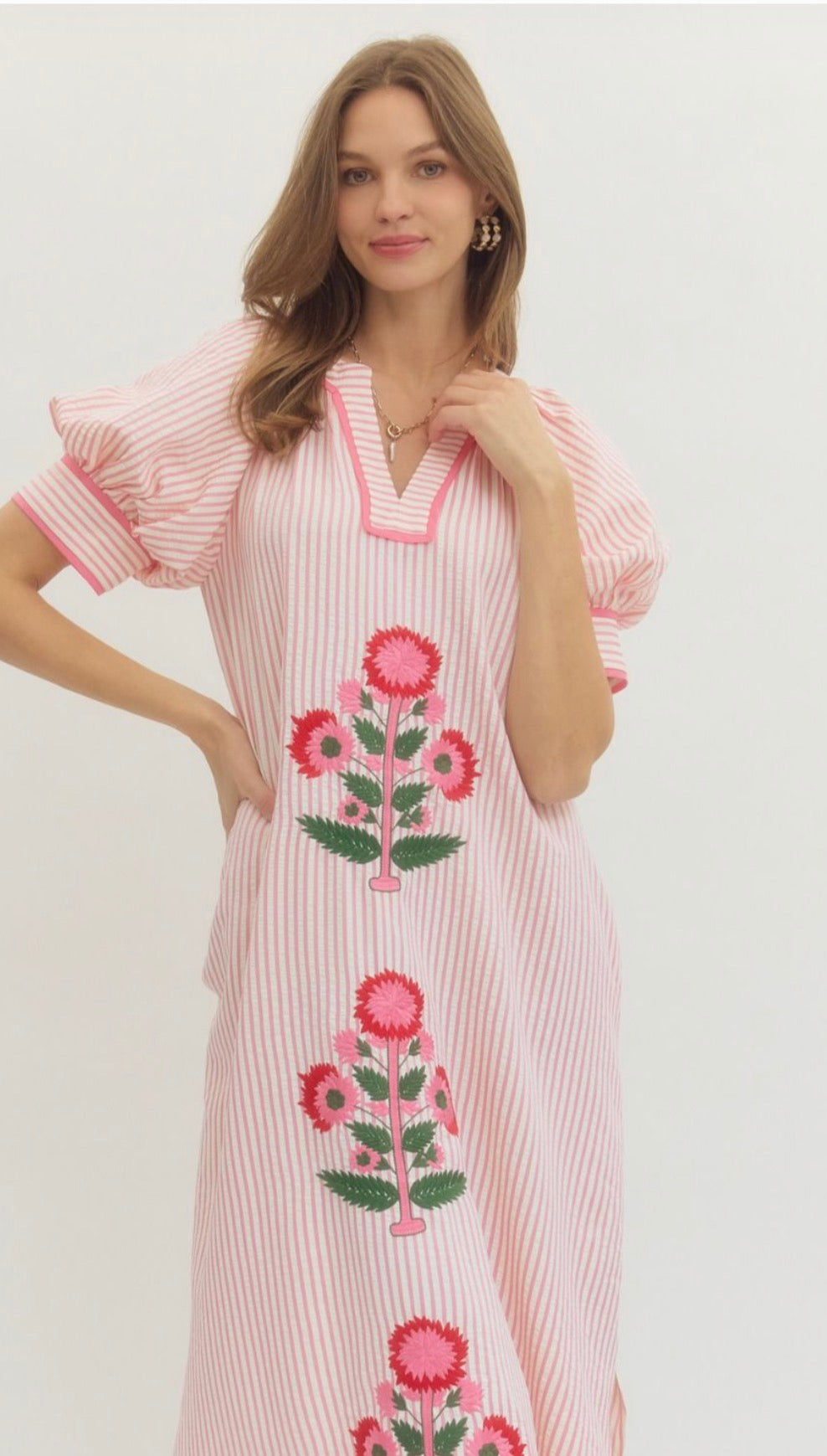 Striped Short Sleeve Floral Embroidered Midi Dress