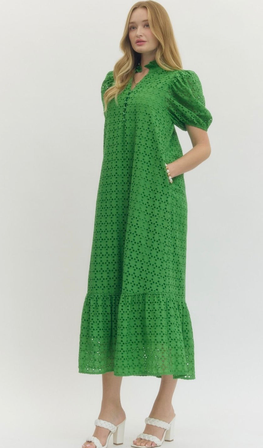 Eyelet Green Puff Sleeve Midi Dress