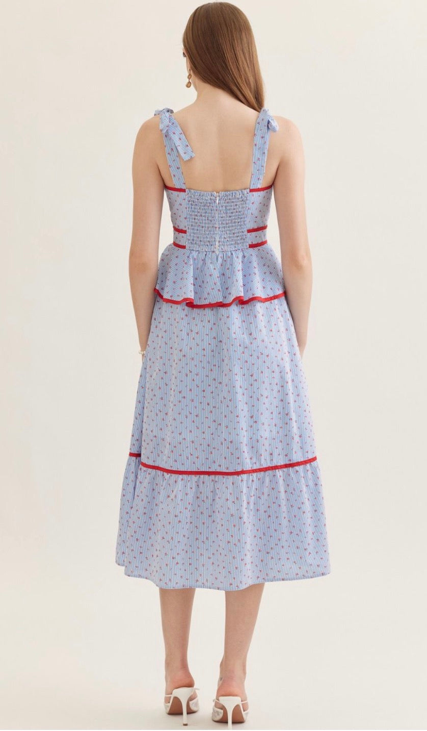 Pinstripe Peplum Tie Sleeve Maxi Dress