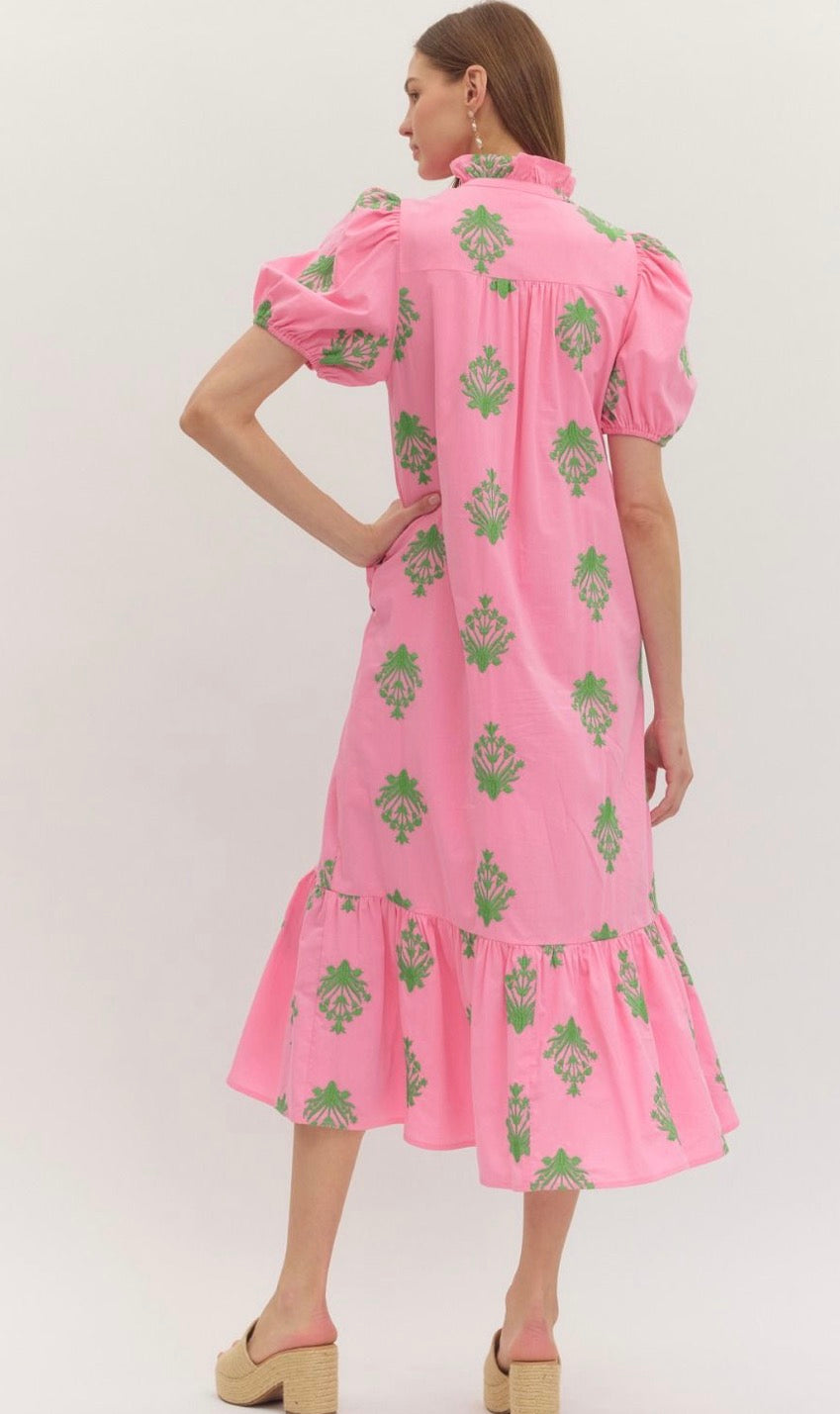 Pink Block Print Embroidered Maxi Dress