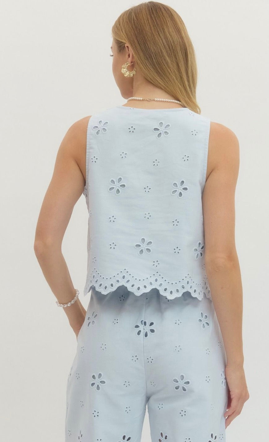 Light Blue Eyelet Cropped Set