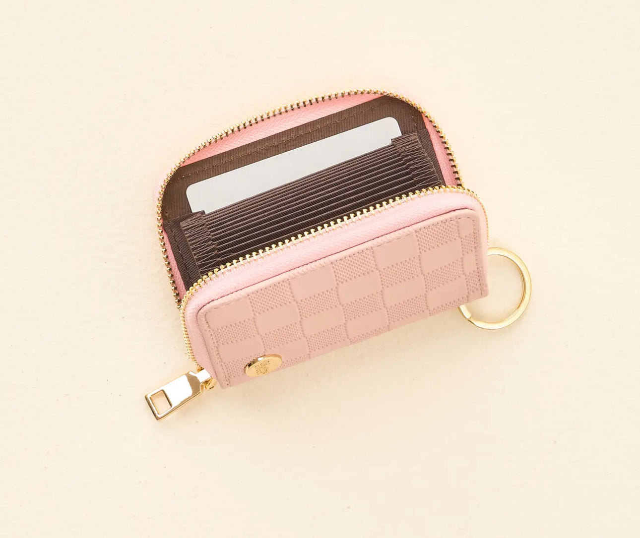 Light Pink Check Zip Around Wallet