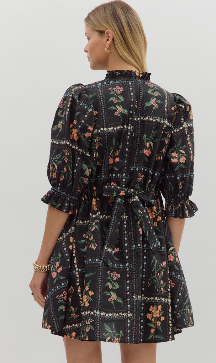 Black Floral Panel 3/4 Ruffle Puff Sleeve Dress : ENTRO