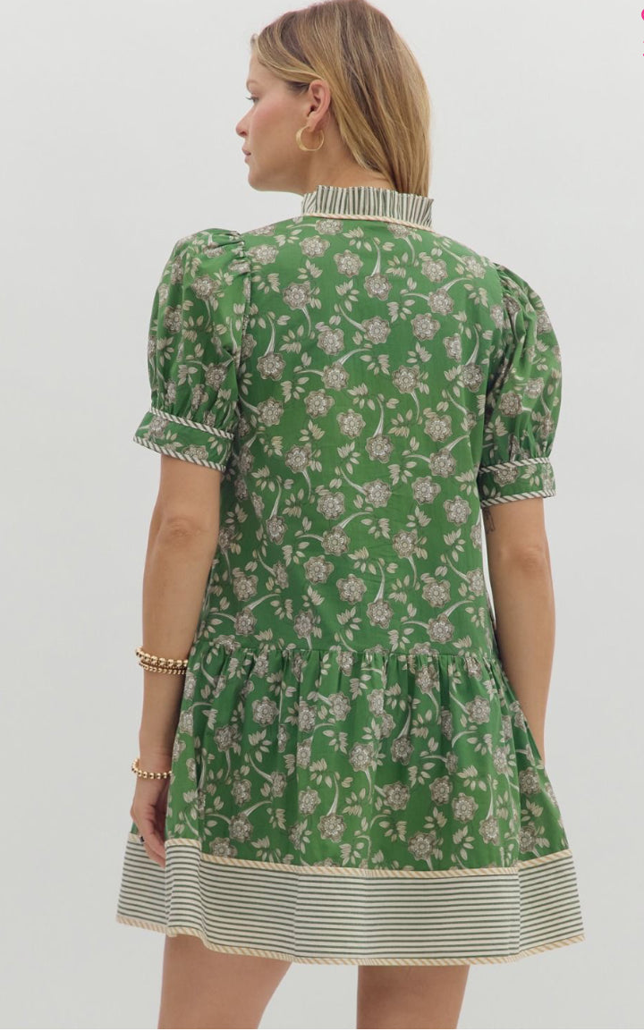 Green Floral Ruffle Hem Puff Sleeve Dress : ENTRO