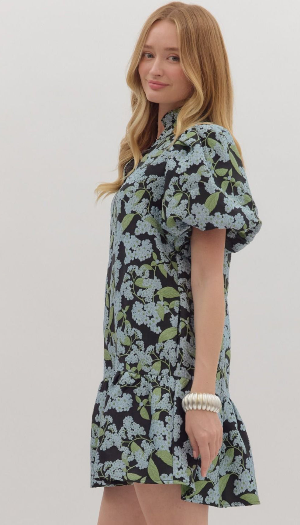 Black Jacquard with Blue Hydrangea Puff Sleeve Dress