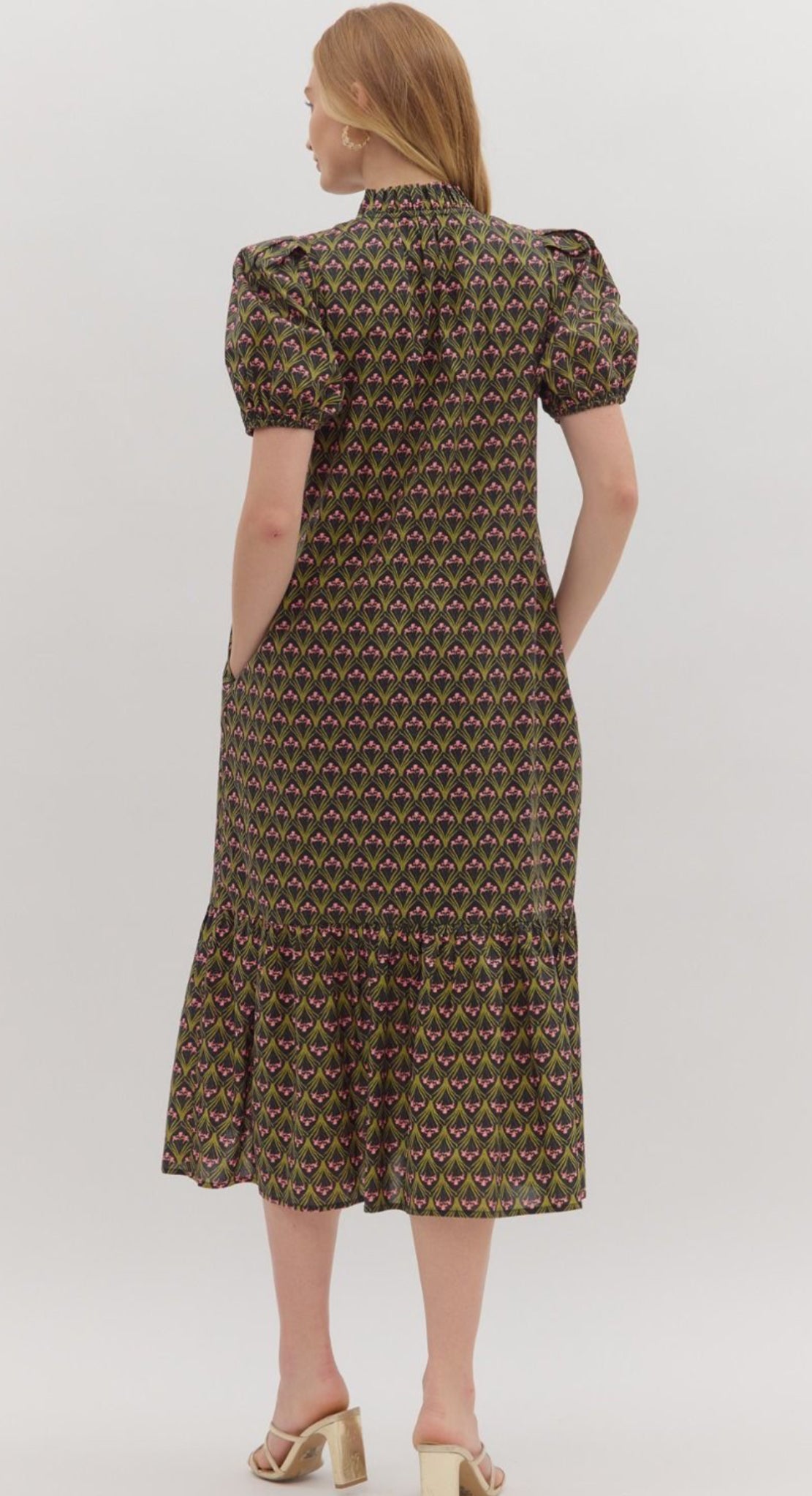 Black Floral Print Midi Puff Sleeve Dress