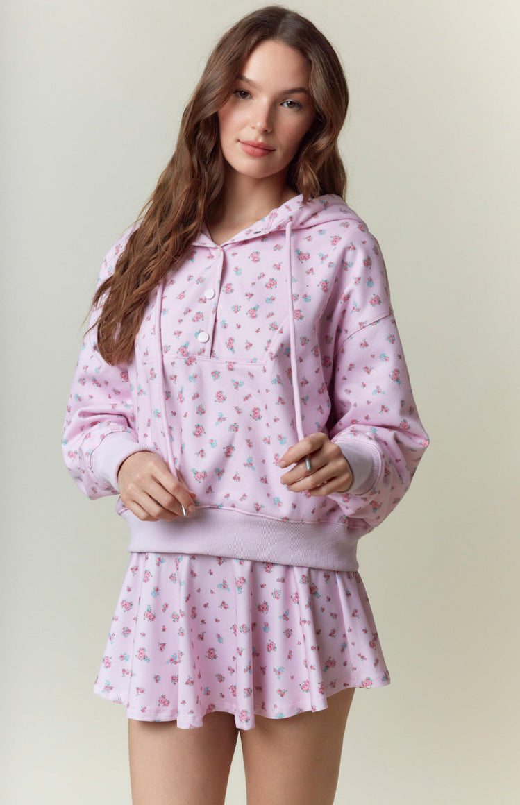 Floral Printed Fleece Snap Detail Hoodie