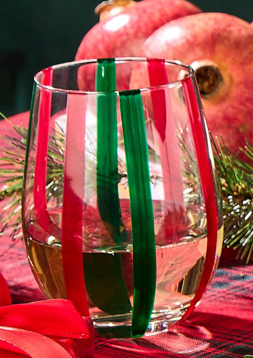 Holiday Cheer Set of 4 Red and Green Stripe Stemless Wine Glass