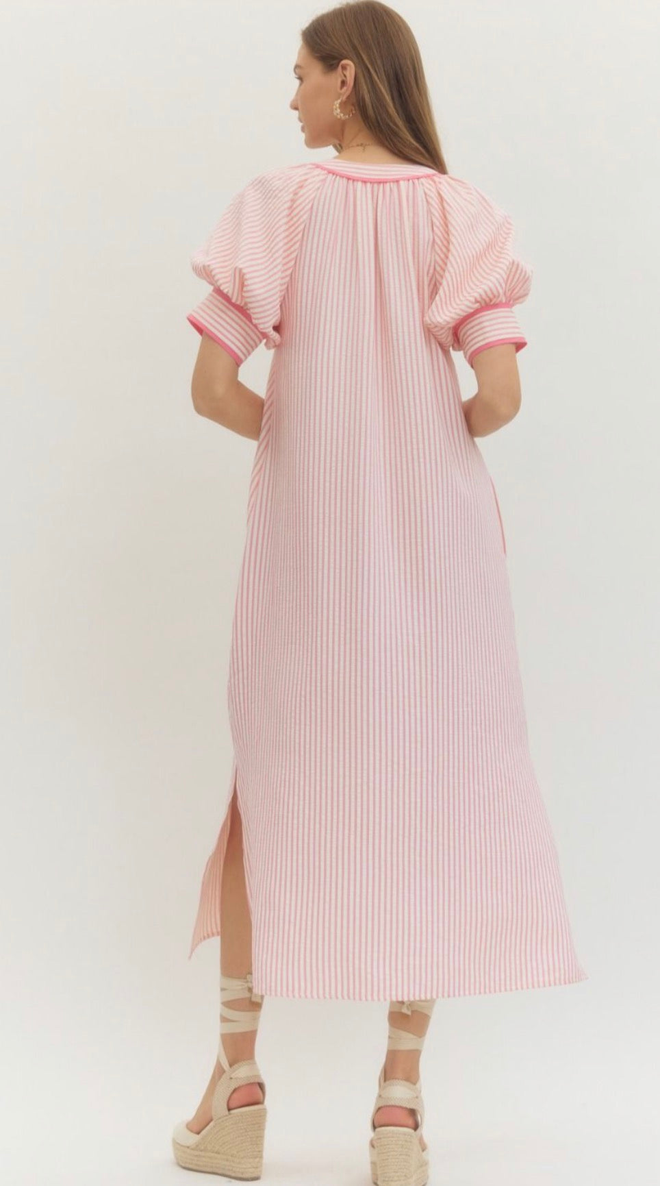 Striped Short Sleeve Floral Embroidered Midi Dress