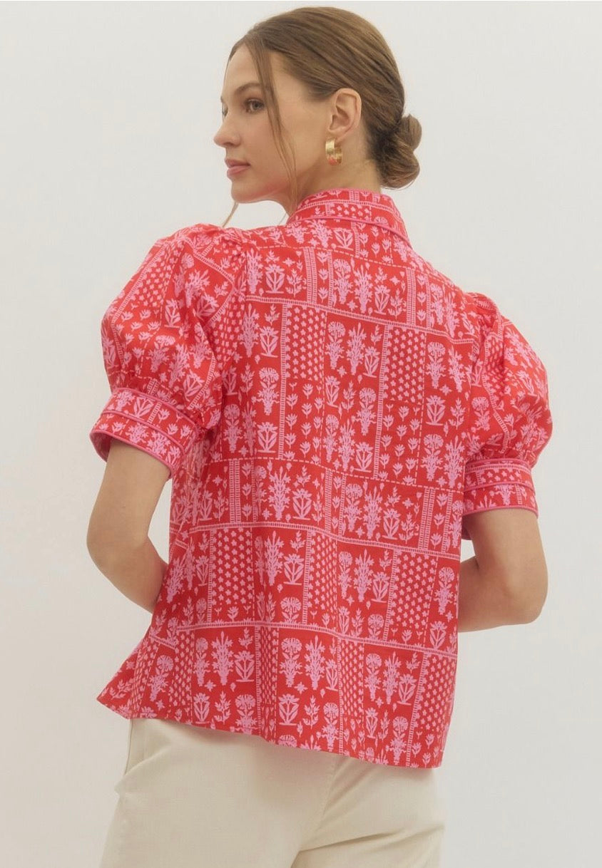 Red Embroidered Puff Sleeve Top
