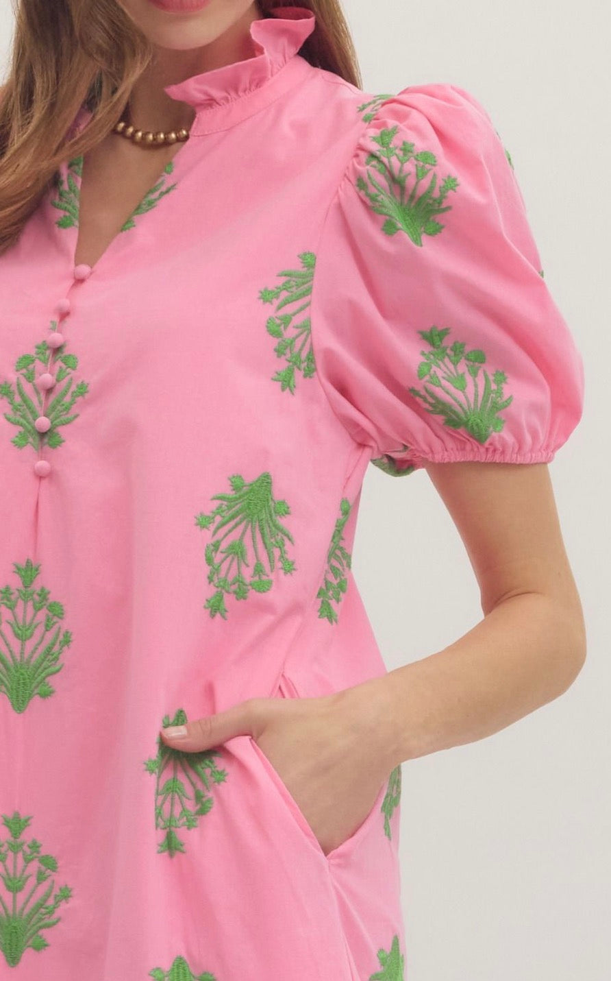 Pink Block Print Embroidered Maxi Dress