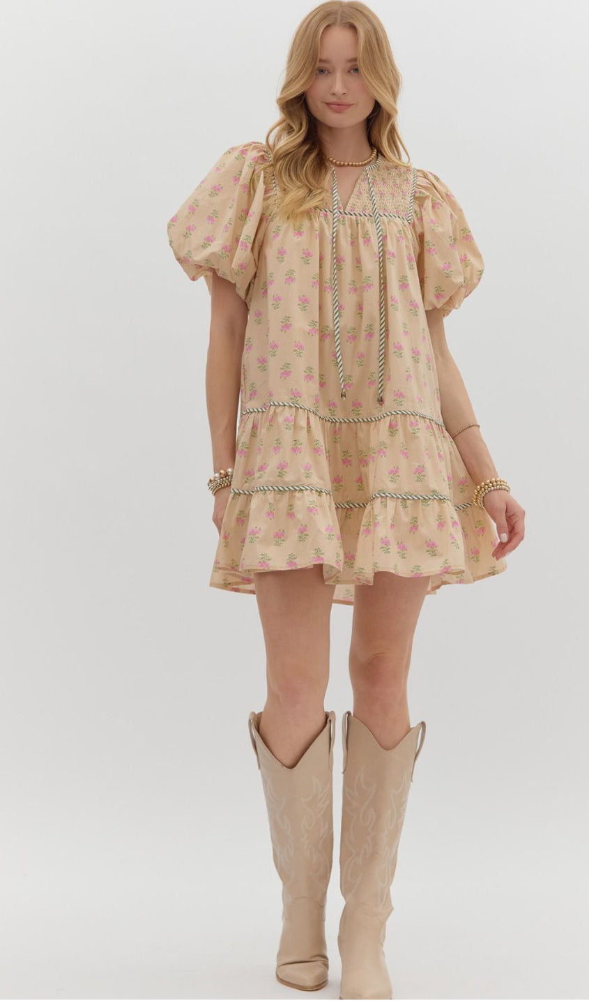 Ecru Block Print Puff Sleeve Dress : ENTRO