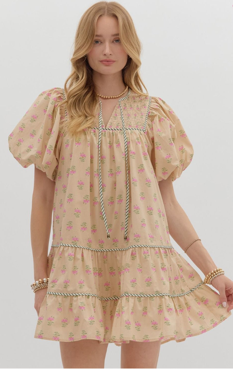 Ecru Block Print Puff Sleeve Dress : ENTRO