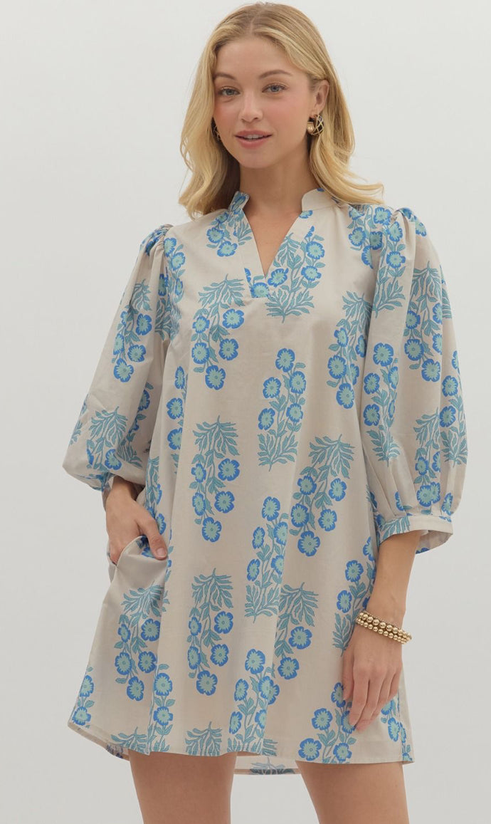 Blue Block Print Puff Sleeve Shift Dress : ENTRO