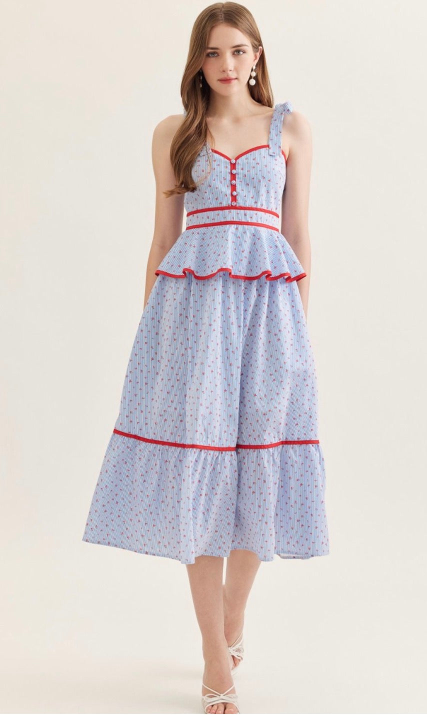 Pinstripe Peplum Tie Sleeve Maxi Dress