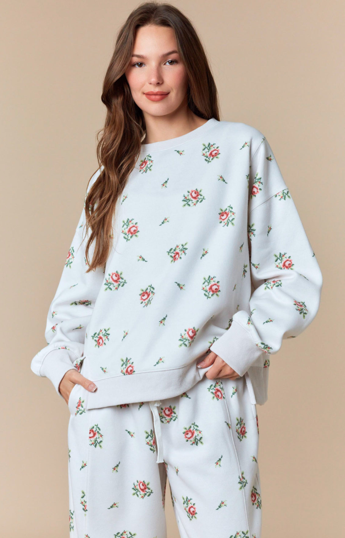 Floral Printed Fleece Terry Barrel Leg Sweatsuiit