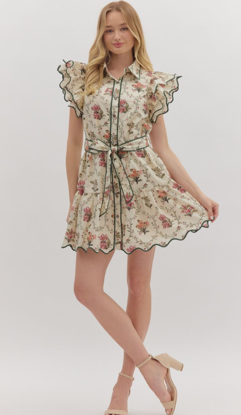 Floral Print Tiered Flutter Sleeve Dress
