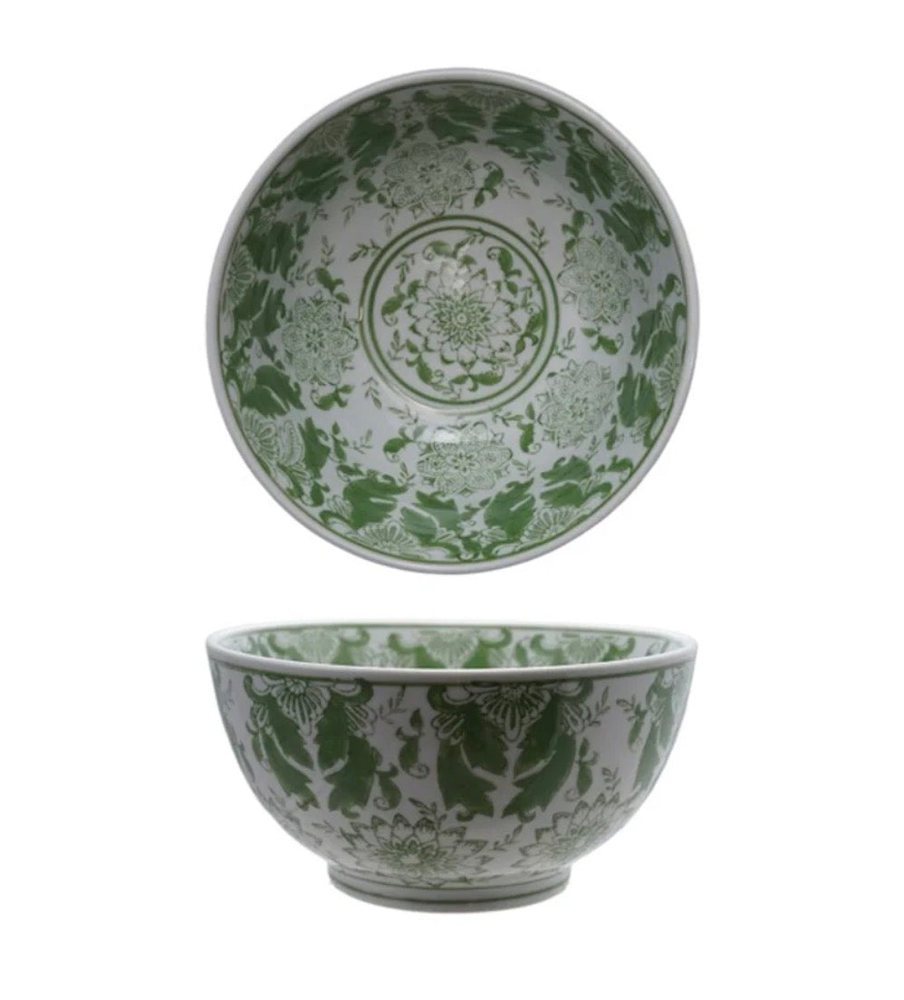 Round Green Chinoiserie Stoneware Bowl