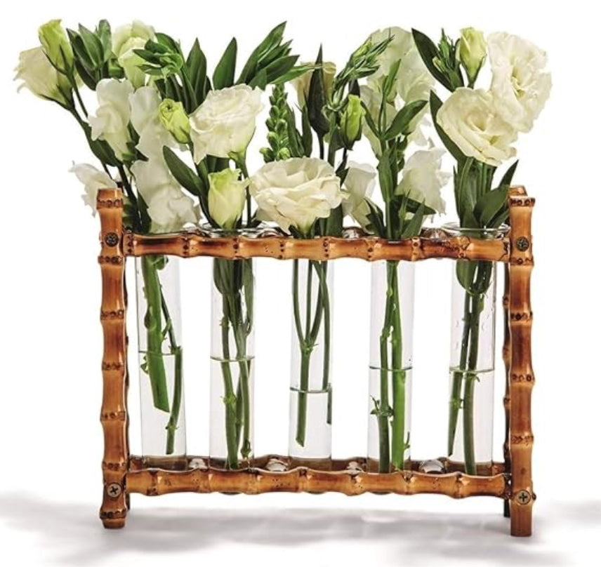 Tozai Home Natural Bamboo Bud Vase with 5 Hand Blown Glass Tubes