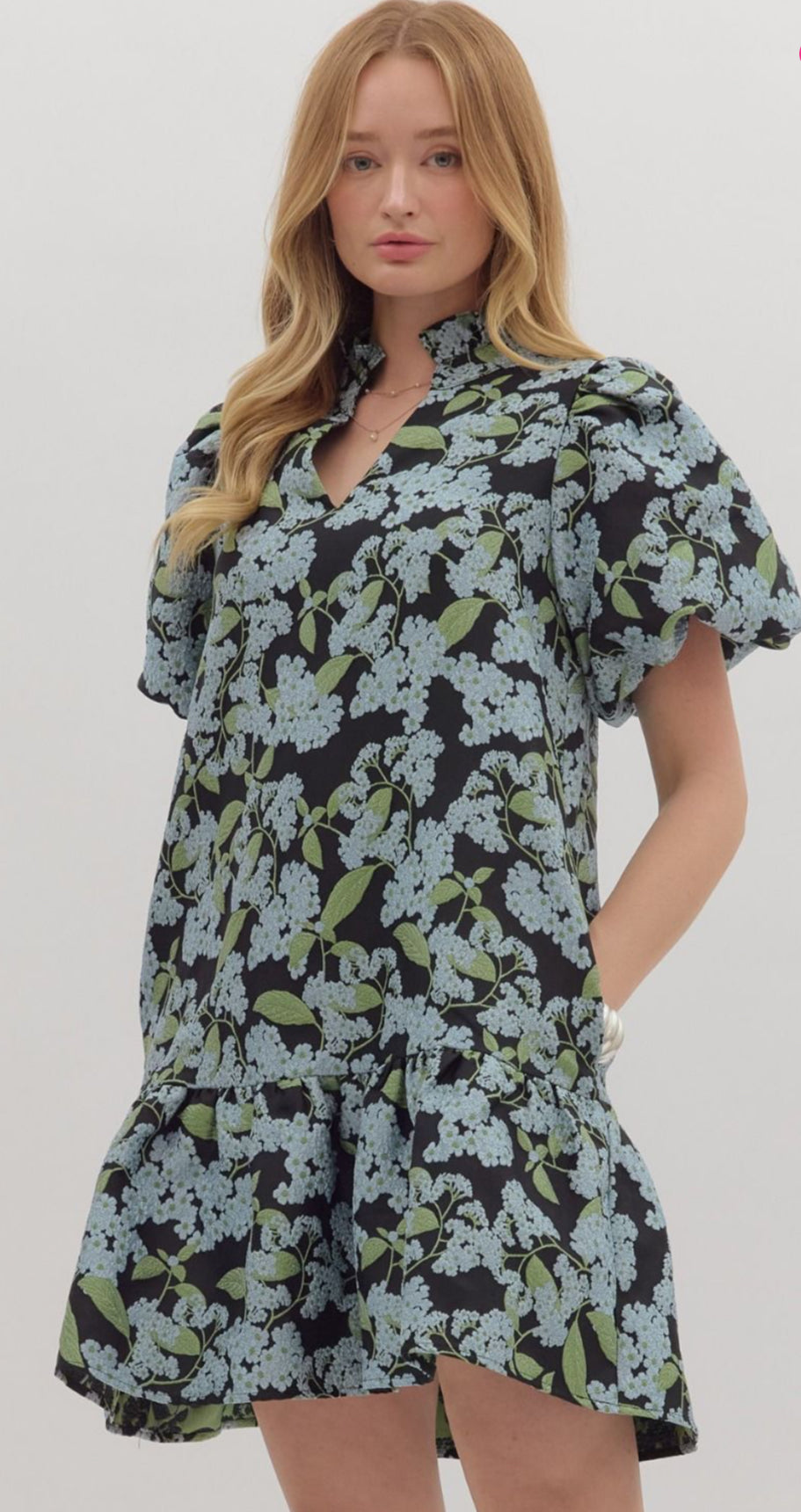 Black Jacquard with Blue Hydrangea Puff Sleeve Dress