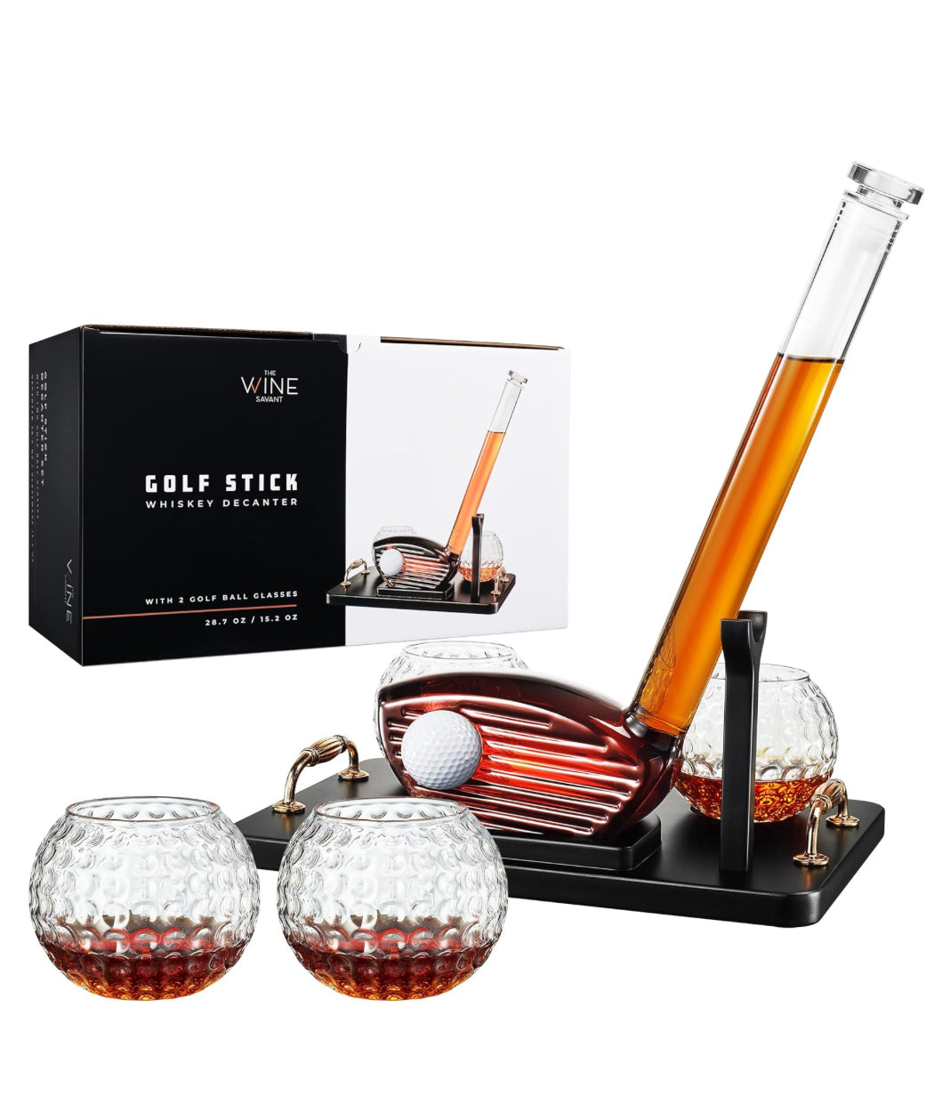 Upright Golf Club Whiskey Decanter + Set of 2 Whiskey Glasses
