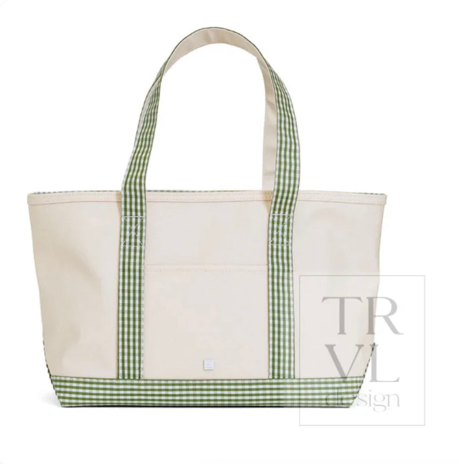 Medium Coated Canvas Tote | TRVL Design | Natural with Gingham Moss Trim