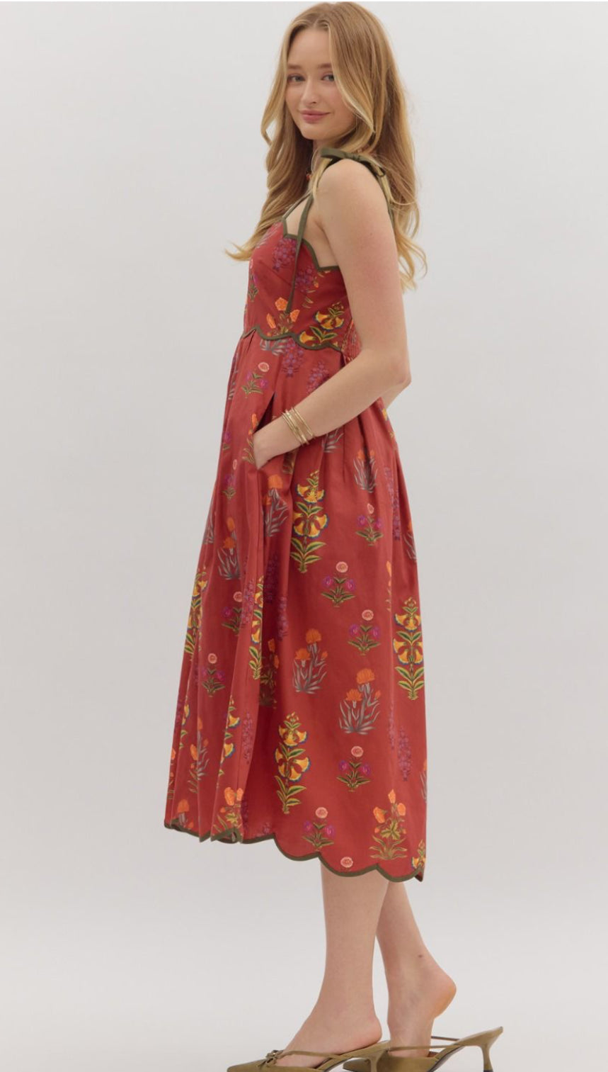 Wine Floral Print Tie Strap Midi Dress